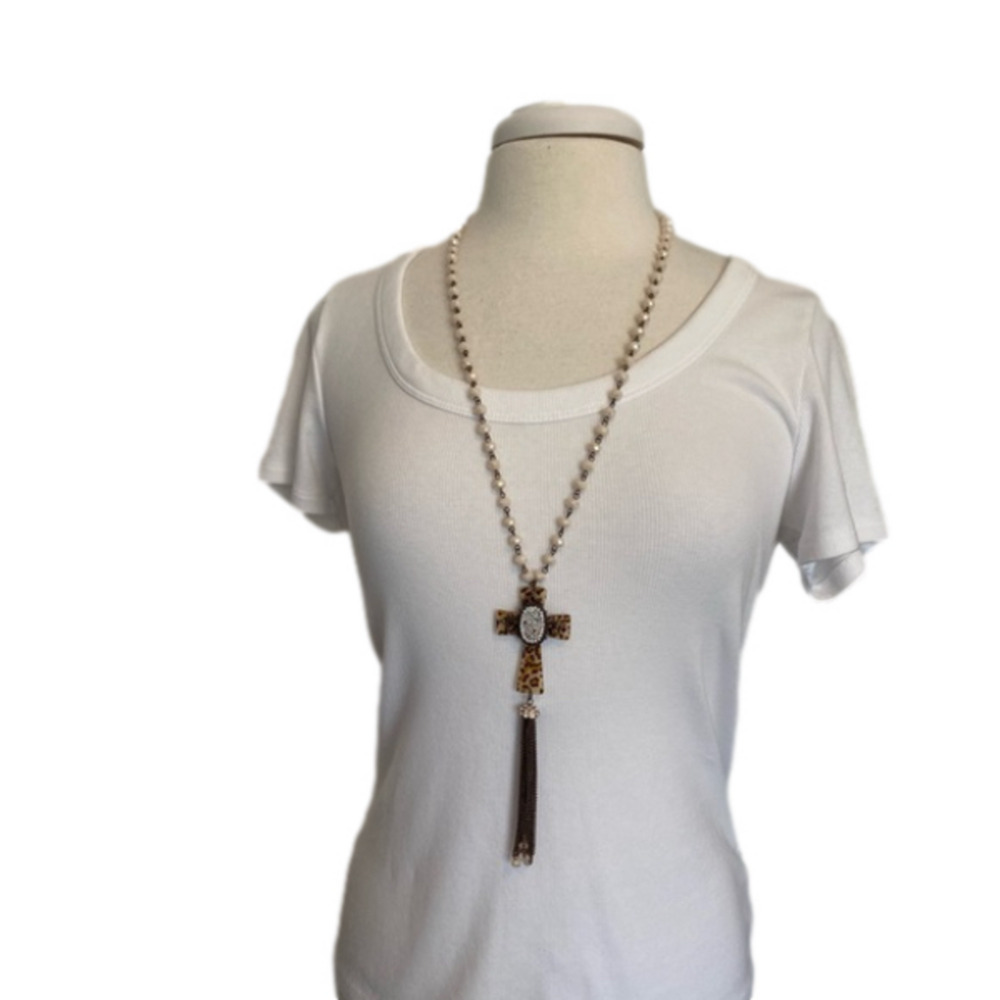 Women's Beaded Cheetah Print Cross Necklace Bronze Chain Statement Festival Goth